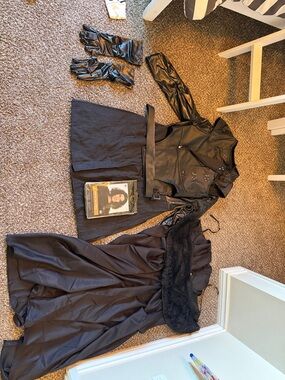 Black Gothic-Inspired Dress & Faux Leather Vest Set with Gloves